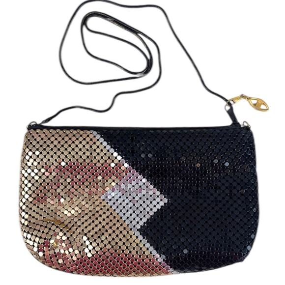 Vintage Handbags - Vintage Y2K Disco Shimmer Evening Bag Black Silver Gold Shoulder Strap Mini Prom